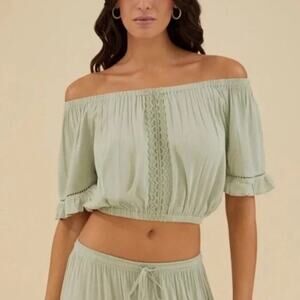 NWT Rachel Parcell Womens Sage Green Wash Crepe Off-Shoulder Blouse Top Size XS‎
